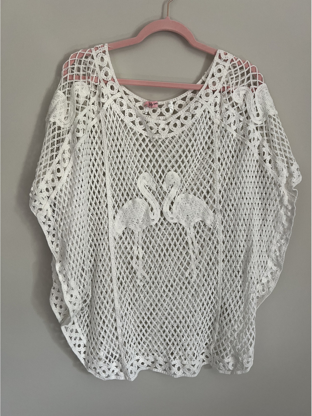 White Open-Knit Crochet Flamingo Beach Cover-Up Poncho